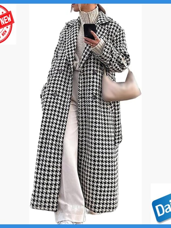 Jackets & Blazers - Women's Houndstooth Trench Coat Double Breasted Belted Long Overcoat